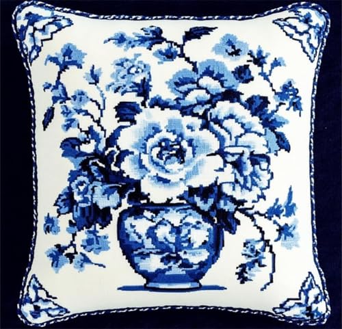 ANSIWEIGO Blaue Blumen Knüpfkissen Zum Selber Knüpfen,Pfingstrosenvase,DIY Kissen Hülle Knüpfset,Kissenbezug Knüpfen Set Kreuzstich Für Kinder Erwachsene,43x43cm/17x17 Zoll von ANSIWEIGO