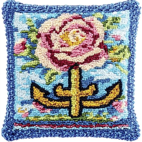ANSIWEIGO DIY Knüpfhaken Kissen Set für Kinder – Selbstgemachter Knüpfteppich oder Kissenbezug, 43x43 cm Bastelset mit Stickzubehör, kreatives Christmas Latch Hook Kits, Blumenanker von ANSIWEIGO
