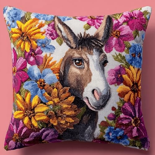 ANSIWEIGO DIY Knüpfkissen 43x43 cm – Latch Hook Cushion Kit zum Kissen selber gestalten,Handarbeits- & Bastelset mit Garn,für Erwachsene & Kinder,Eselblumen von ANSIWEIGO
