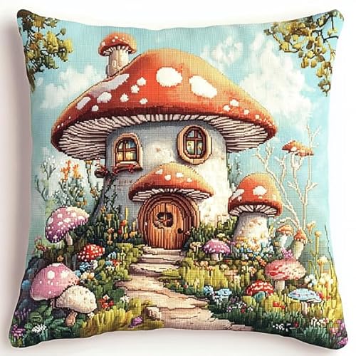 ANSIWEIGO DIY Knüpfkissen Set 43cm für Anfänger Erwachsene & Kinder,Latch Hook Kissenbezug zum Selbermachen mit Vorlage,Handgemachte Heimdekoration für Wohnzimmer Schlafzimmer,Geschenkidee,Pilzhaus von ANSIWEIGO