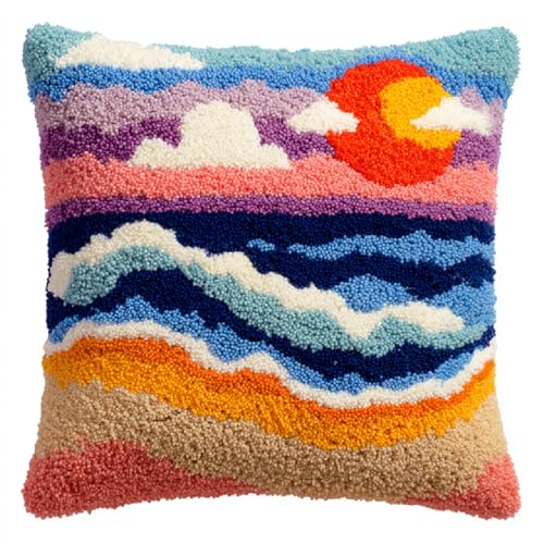 ANSIWEIGO DIY Knüpfkissen mit Vordruck,17x17 Zoll Knüpfkissen-Set inklusive Häkelnadel,Premium Stickerei Leinwand,Bastelset für Kinder & Erwachsene,Handarbeit Idee zum Entspannen,Ozeanlandschaft von ANSIWEIGO