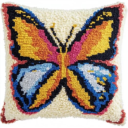 ANSIWEIGO DIY Knüpfset Kissen 43x43 cm – Knüpfhaken Kit mit Vorlage, Acrylgarn & Leinwand – Latch Hook Kissenbezug zum Basteln – Geschenkidee für Handarbeitsfans – Mehrfarbiger Schmetterling von ANSIWEIGO