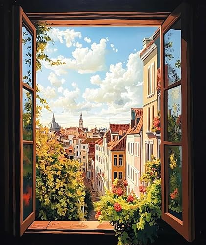 ANSIWEIGO DIY-Malen-nach-Zahlen-Set für Erwachsene und Anfänger – 16x20 Zoll rahmenlose Leinwand mit 3 Pinseln und Acrylfarbe –Blick auf die Stadt aus dem Fenster von ANSIWEIGO
