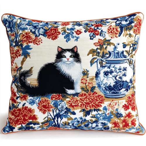 ANSIWEIGO Klapphaken-Kissen-Kits,Diy-Stickerei-Kissenbezug-Set,Chinesisches Porzellan und Katze,43X43cm, Handarbeit,Basteln,Kissenbezug,Haken-Teppich-Kits,Wohnkultur von ANSIWEIGO