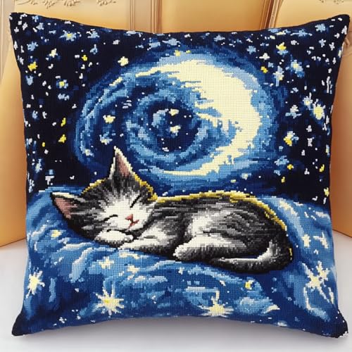 ANSIWEIGO Knüpfhaken Kissen Kits für Kinder,DIY Knüpfteppich Zum Selber Knüpf-Sets Kissenbezug Teppich Stickerei Set,Latch Hook Kits 43x43cm,Sternennachtkatze von ANSIWEIGO