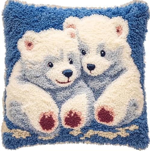 ANSIWEIGO Knüpfkissen-Set,Latch Kits for Adults Knotting Set Cushion Craft Kits Cushion for Beginners for Sofa Home Decoration DIY Kissen Knüpfset 17x17 Zoll(Cartoon-Eisbär) von ANSIWEIGO
