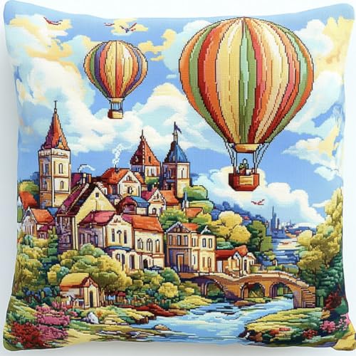 ANSIWEIGO Knüpfkissen Set 43x43cm zum Selber Knüpfen,DIY Latch Hook Kit für Kinder & Erwachsene,Heißluftballon in der Stadt,Handgemachtes Kissen Knüpfset als Geschenk & Heimdekoration von ANSIWEIGO
