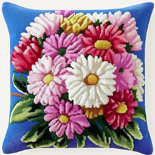 ANSIWEIGO Knüpfkissen Set Deko Kissenbezug Knüpfset für Anfänger,Bunte Blumen Kreuzstich Knüpfkissen Zum Selber knüpfen Kissen Set,latch hook kits Für Anfänger,43x43cm von ANSIWEIGO