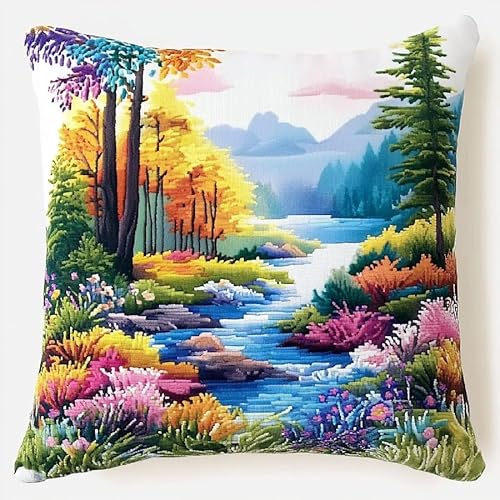 ANSIWEIGO Knüpfkissen Set Deko Kissenbezug Knüpfset für Anfänger,Waldsee Kreuzstich Knüpfkissen Zum Selber knüpfen Kissen Set,latch hook kits Für Anfänger,43x43cm von ANSIWEIGO