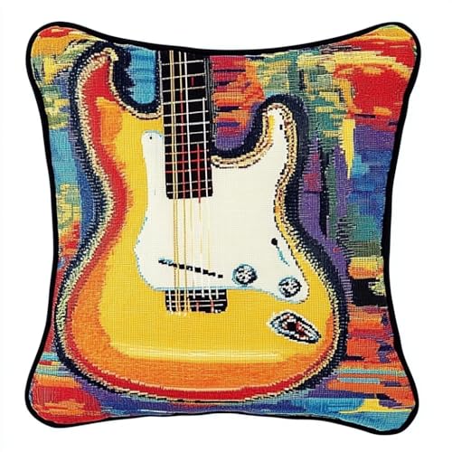 ANSIWEIGO Knüpfkissen Set zum Selbermachen, 43x43 cm Latch Hook Kit mit Knüpfhaken – DIY Kissenbezug Handarbeitsset für Kinder & Erwachsene – Kreatives Geschenk & Deko-Idee – Gitarre von ANSIWEIGO