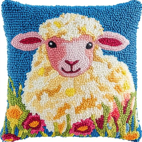 ANSIWEIGO Knüpfkissen Set zum Selbermachen, 43x43 cm Latch Hook Kit mit Knüpfhaken – DIY Kissenbezug Handarbeitsset für Kinder & Erwachsene – Kreatives Geschenk & Deko-Idee – Kleines Schaf von ANSIWEIGO