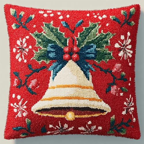 ANSIWEIGO Knüpfset Kissen 43x43 cm – Latch Hook Kit mit Wolle & Kissenhülle,DIY Handarbeitsset für Kinder & Erwachsene,kreative Knüpfkissen Heimdeko & Geschenkidee,Weihnachtsglocken von ANSIWEIGO