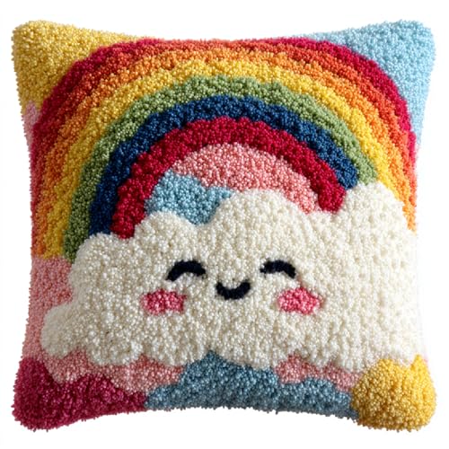 ANSIWEIGO Knüpfset für Kissen & Teppiche,DIY Handarbeit Kit mit Wollfäden und Webgitter,Kreuzstich Knüpfkissen in 43x43 cm,Latch Hook Bastelset für Erwachsene und Anfänger,Regenbogen und weiße Wolken von ANSIWEIGO