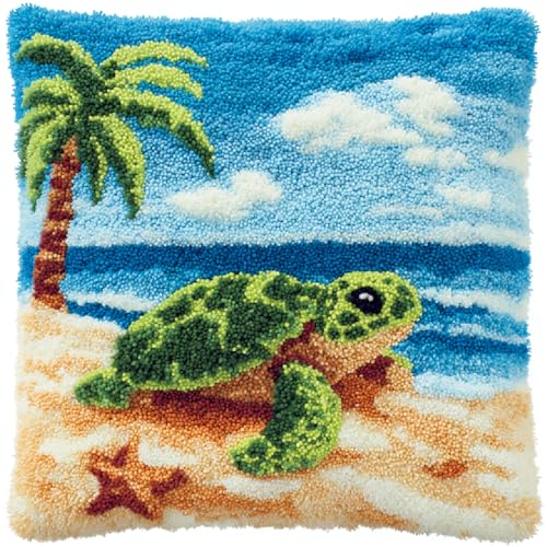 ANSIWEIGO Knüpfset für Kissen & Teppiche,DIY Handarbeit Kit mit Wollfäden und Webgitter,Kreuzstich Knüpfkissen in 43x43 cm,Latch Hook Bastelset für Erwachsene und Anfänger,Strandschildkröte von ANSIWEIGO