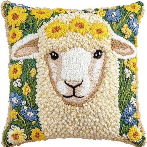 ANSIWEIGO Knüpfteppich Set zum Selbermachen – Latch Hook Kissenbezug 43x43 cm – DIY Knüpf-Set für Erwachsene & Kinder – Wanddeko & Heimaccessoire – Frühlingsschaf von ANSIWEIGO