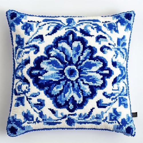 ANSIWEIGO Kreuzstich Stickpackungen Kissen Stickerei Set Anfänger Vorgedruckt Design 45x45cm Stickbilder Kreuzstich Kissen Set Stickkissen Kreuzstichkissen Blaue und weiße Blume von ANSIWEIGO