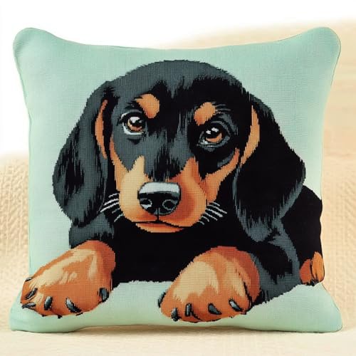 ANSIWEIGO Latch Hook Complete Cushion Cover Kit,Dackel,Teppich Häkelkissenbezug DIY Nähen Verriegelung Haken Kissen Kits,3D-Kissenbezüge gehäkelte Leinwandmuster,43x43cm von ANSIWEIGO