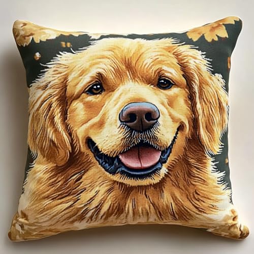 ANSIWEIGO Latch Hook Complete Cushion Cover Kit,Golden Retriever Hund,Teppich Häkelkissenbezug DIY Nähen Verriegelung Haken Kissen Kits,3D-Kissenbezüge gehäkelte Leinwandmuster,43x43cm von ANSIWEIGO