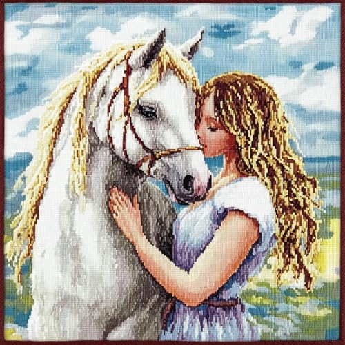 ANSIWEIGO Latch Hook Complete Cushion Cover Kit,Mädchen mit einem Pferd,Teppich Häkelkissenbezug DIY Nähen Verriegelung Haken Kissen Kits,3D-Kissenbezüge gehäkelte Leinwandmuster,43x43cm von ANSIWEIGO
