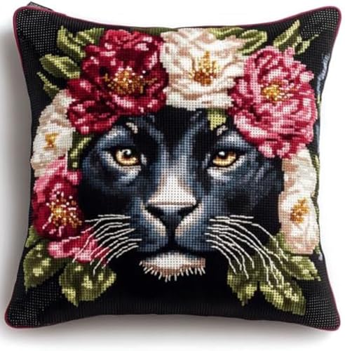 ANSIWEIGO Latch Hook Cushion Kit,Blumen Und Schwarzer Panther Knüpfkissen Set Knotting And Weaving Set Knüpfpackungen DIY Kissen Knüpfset Knüpfen Embroidery Kit 17x17 Zoll/43x43 cm von ANSIWEIGO
