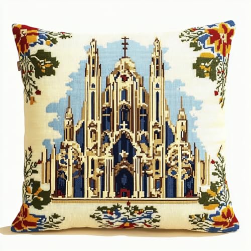 ANSIWEIGO Latch Hook Kissen Knüpfset 43x43cm für Anfänger & Kinder,DIY Knüpfkissen Kit,Klassische Kathedrale,Knüpfteppich Set zum Selbermachen,Handarbeits- & Bastelset für Erwachsene von ANSIWEIGO
