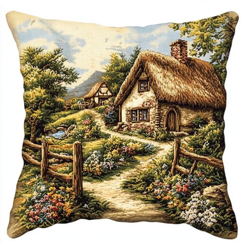 ANSIWEIGO Latch Hook Kissen Knüpfset 43x43cm für Anfänger & Kinder,DIY Knüpfkissen Kit,Retro-Landschaft,Knüpfteppich Set zum Selbermachen,Handarbeits- & Bastelset für Erwachsene von ANSIWEIGO