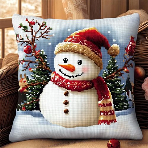 ANSIWEIGO Latch Hook Kissen Knüpfset 43x43cm für Anfänger & Kinder,DIY Knüpfkissen Kit,Weihnachtsschneemann,Knüpfteppich Set zum Selbermachen,Handarbeits- & Bastelset für Erwachsene von ANSIWEIGO