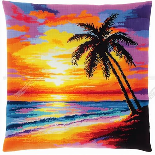 ANSIWEIGO Latch Hook Kit Knüpfkissen Set 43x43cm Sonnenuntergang mit Meerblick DIY Knüpfteppich Kissenbezug zum Selber Knüpfen für Erwachsene & Kinder Heimdeko Sofa Deko Wandkunst von ANSIWEIGO