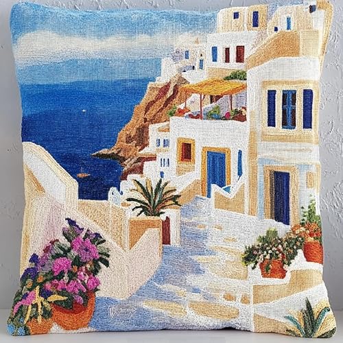 ANSIWEIGO Latch Hook Kit für Anfänger | DIY Knüpfset für Deko-Kissen 43x43 cm inkl. Knüpfhaken | Kreativ Basteln Erwachsene, Handarbeit Geschenk​​, Santorini, Griechenland von ANSIWEIGO