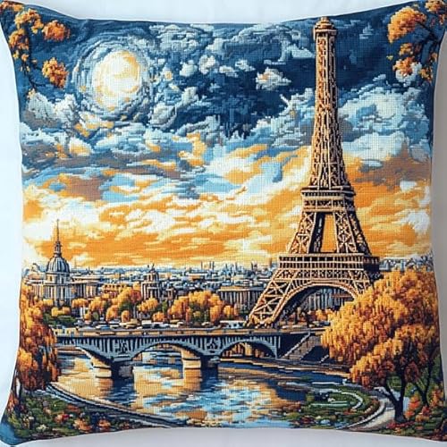 ANSIWEIGO Sticken Set kreuzstich kissen set vorgedruckt,Diy Bastelset Erwachsene zum Basteln Stickkissen Stickpackung Mit Stickvorlage & Sticknadel Und Stickgarn,45x45cm,Eiffelturm von ANSIWEIGO