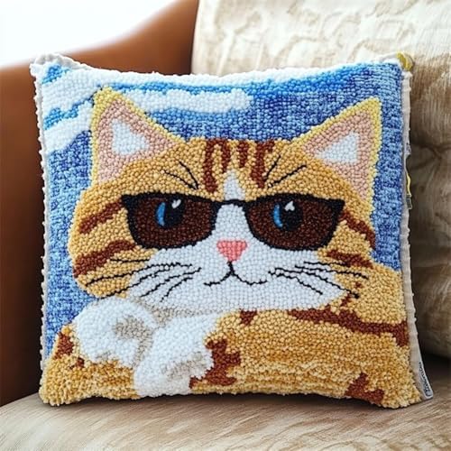 ANSIWEIGO Tier DIY Latch Hook Set Pillow Case,Süße Katze,Sofa Cushion Cover Craft Kit Embroidery Carpet Set Needlework Cushion Cover,home Decor Gifts,43x43cm/17x17 Zoll von ANSIWEIGO
