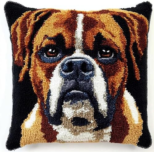 ANSIWEIGO Tier Hund Knüpfhaken Kissen Kits Für Kinder,Boxerhund Als Haustier,DIY Knüpfteppich Zum Selber Knüpf-Sets Kissenbezug Teppich Stickerei Set,Latch Hook Kits,43x43cm/17x17 Zoll von ANSIWEIGO