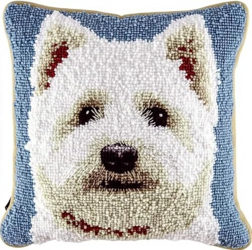 ANSIWEIGO Tier Hund Knüpfhaken-Kissen-Set,Süßer West Highland White Terrier,DIY-Kissenbezug Zum Basteln,Bedruckte Leinwand Für Anfänger,Kissenset Für Heimdekoration,43x43cm/17x17 Zoll von ANSIWEIGO