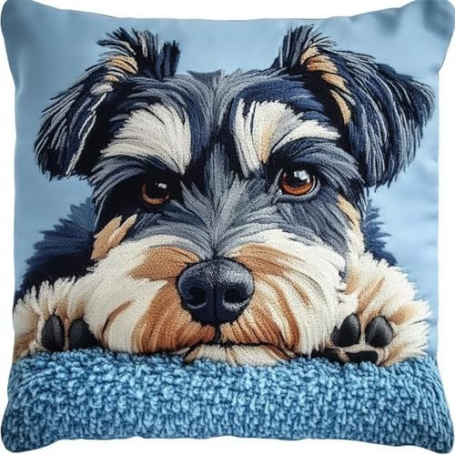 ANSIWEIGO Tier Hund Latch Hook Kissen Kit,Süßer Schnauzer,Knüpfkissen Set Für Anfänger Erwachsene Zum Selber Knüpfen,DIY Knüpfteppich Knüpfpackung,43x43cm/17x17 Zoll von ANSIWEIGO