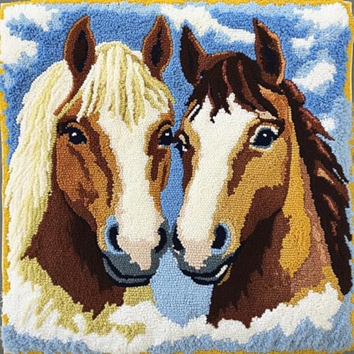 ANSIWEIGO Tier Knüpfkissen-Set,Zwei Pferdepaare,für Kinder Oder Anfänger Erwachsene Zum Selber Knüpfen,DIY Knüpfteppich Knüpfpackung,Knüpfhaken Set,43x43cm/17x17 Zoll von ANSIWEIGO