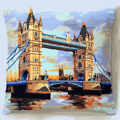ANSIWEIGO kissen sticken set kreuzstich mit Vorgedruckt Kreuzstichmotiv Stickpackung Stickset Selbermachen Kreuzstich Kissen zum 45x45cm,Blick auf die London Bridge von ANSIWEIGO