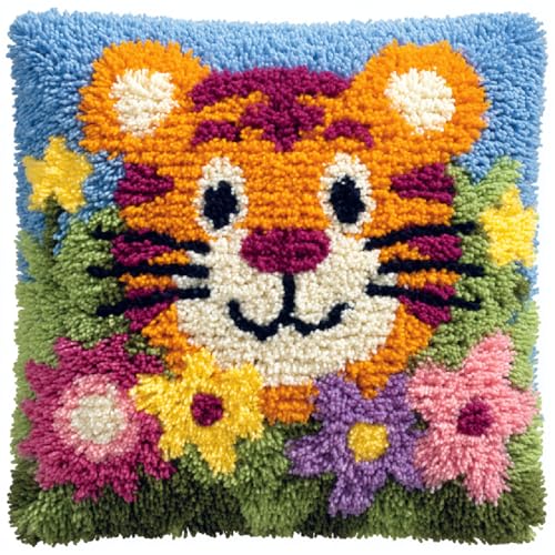 DIY Knüpf Set für Kissen & Teppiche,Latch Hook Kit für Handarbeit, Kreuzstich 43x43 cm Knüpfen von Kissenbezügen,Heimdekoration und Geschenkideen für Erwachsene & Kinder,Blumen-Cartoon-Tiger DIY Knüpf Set für Kissen & Teppiche,Latch Hook Kit für Handarbeit, Kreuzstich 43x43 cm Knüpfen von Kissenbezügen,Heimdekoration und Geschenkideen für Erwachsene & Kinder,Blumen-Cartoon-Tiger von ANSIWEIGO