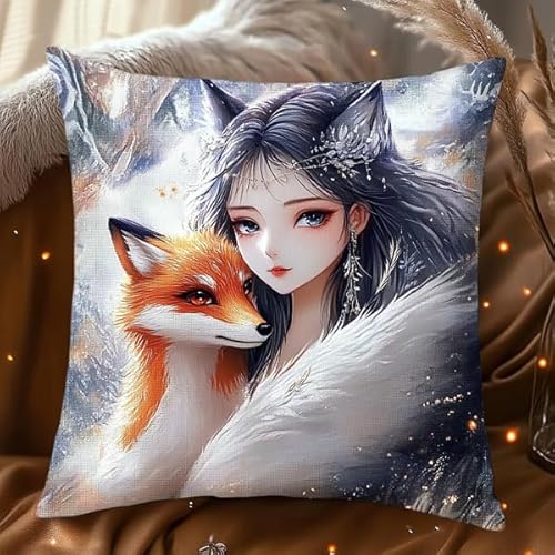 DIY Knüpfkissen Set 43x43cm für Erwachsene & Kinder,Latch Hook Kit mit Kissenbezug,3D Knüpfteppich zum Selbermachen,Stick- & Knüpf-Set als Heimdekoration oder Geschenk,Anime Fuchs und Mädchen von ANSIWEIGO