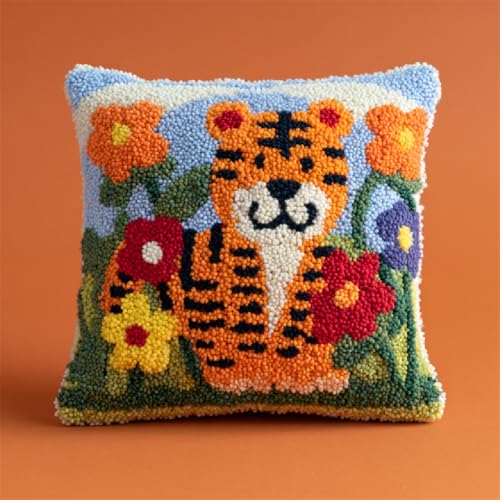 Knüpfkissen DIY Set,Latch Hook Kissenbezug für Handwerk & Kreuzstich Projekte,43x43 cm,Handarbeiten und Heimdekoration,inkl. Anleitung für Kissen und Teppiche,Blumen-Cartoon-Tiger Knüpfkissen DIY Set,Latch Hook Kissenbezug für Handwerk & Kreuzstich Projekte,43x43 cm,Handarbeiten und Heimdekoration,inkl. Anleitung für Kissen und Teppiche,Blumen-Cartoon-Tiger von ANSIWEIGO