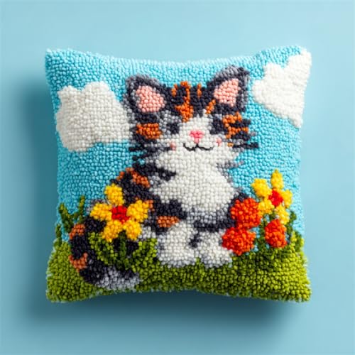 Knüpfkissen DIY Set,Latch Hook Kissenbezug für Handwerk & Kreuzstich Projekte,43x43 cm,Handarbeiten und Heimdekoration,inkl. Anleitung für Kissen und Teppiche,Blumenkatze Knüpfkissen DIY Set,Latch Hook Kissenbezug für Handwerk & Kreuzstich Projekte,43x43 cm,Handarbeiten und Heimdekoration,inkl. Anleitung für Kissen und Teppiche,Blumenkatze von ANSIWEIGO