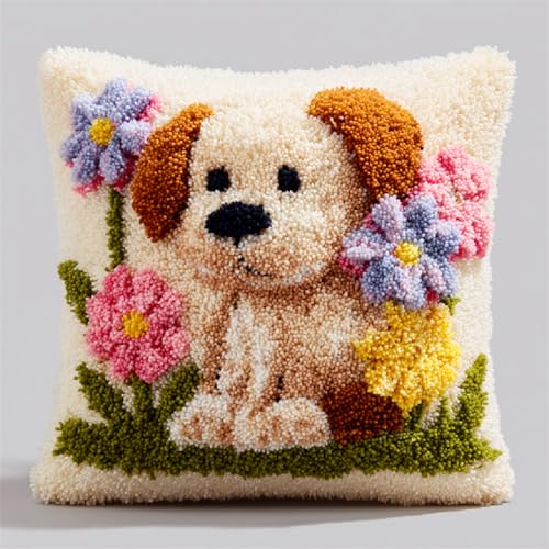 Knüpfkissen DIY Set,Latch Hook Kissenbezug für Handwerk & Kreuzstich Projekte,43x43 cm,Handarbeiten und Heimdekoration,inkl. Anleitung für Kissen und Teppiche,Blumenwelpe Knüpfkissen DIY Set,Latch Hook Kissenbezug für Handwerk & Kreuzstich Projekte,43x43 cm,Handarbeiten und Heimdekoration,inkl. Anleitung für Kissen und Teppiche,Blumenwelpe von ANSIWEIGO