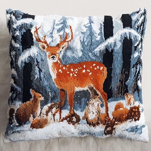 Kreatives Knüpfen Set für Kinder ab 8 Jahren und Erwachsene,DIY Webteppich und Knüpfkissen Bastelset,Mit Holz-Haken und bunter Wolle,Ideal für Anfänger,43x43 cm,Winterwaldtiere von ANSIWEIGO