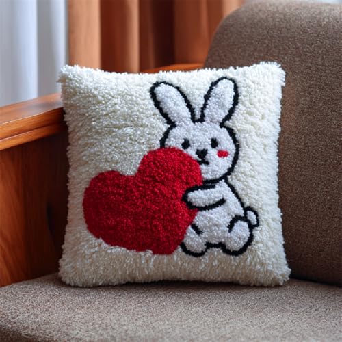 Latch Hook Knüpfkissen Set,DIY Kissenbezug & Handarbeitsset für Kreuzstich & Teppichprojekte,43x43 cm,für Anfänger & Fortgeschrittene,DIY Kissen & Teppiche selber machen,Cartoon-Kaninchen von ANSIWEIGO