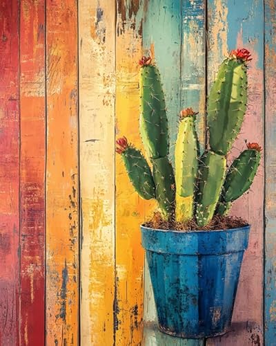 Malen nach Zahlen für Erwachsene – Kaktus-Topfpflanze – Malen nach Zahlen für Erwachsene und Anfänger,einfaches Malen nach Zahlen auf Acrylleinwand als Geschenkdekoration,40x50 cm,mit Rahmen von ANSIWEIGO