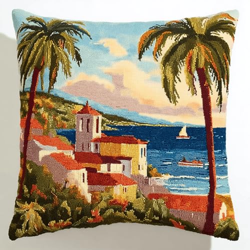 Stickerei Knüpfkissen Set 43x43 cm,Sommerinselszene Komplettes Knüpfset mit Kissenbezug,DIY Latch Hook Set 43x43 cm inkl. Anleitung & Garn,Perfekt für kreative Bastelprojekte von ANSIWEIGO