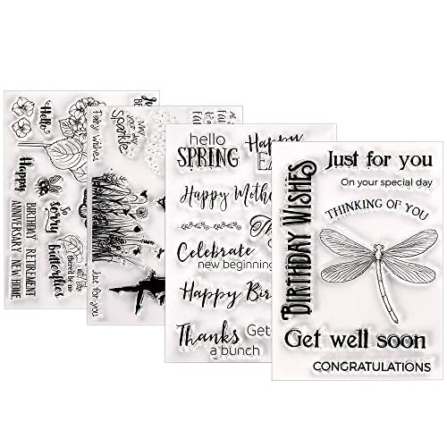 ANTHYTA 4 Stück Silikonstempel Klare Stempel Geburtstag Clear Stamp Set Wiederverwendbar Scrapbooking Stempel mit Blumen Silikon Stempelset für Weihnachten Kinder DIY Bullet Journal Fotoalbum von ANTHYTA