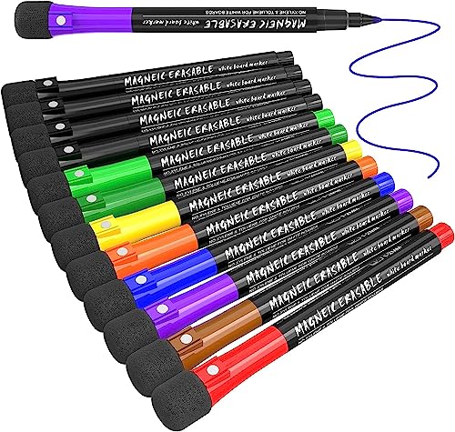 12 Whiteboard Stifte Whiteboard Marker - Magnetisch Whiteboard Stifte mit Schwamm, Folienstift Abwischbar Tafelstifte Non Permanent Stift Dünn Dry Erase Marker für Magnettafel Flipchart Lehrer Zubehör von ANYUKE