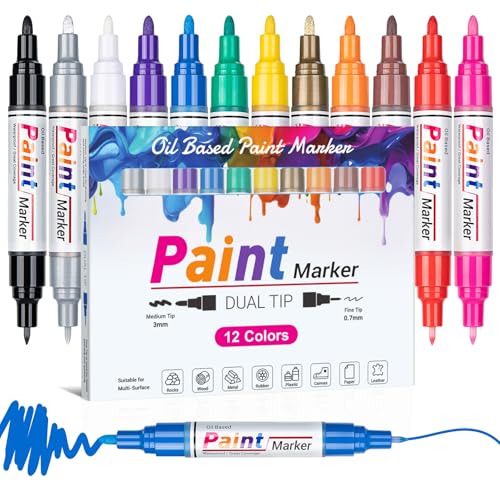 Permanent Marker Wasserfeste Stifte Lackstift: 12 Dual Tip Permanent Markers Wasserfest für Steine Holz Glas Keramik Plastik Metall Basteln, Permanent Marker Fein Paint Marker Bunte Glasmalstifte Permanent Marker Wasserfeste Stifte Lackstift: 12 Dual Tip Permanent Markers Wasserfest für Steine Holz Glas Keramik Plastik Metall Basteln, Permanent Marker Fein Paint Marker Bunte Glasmalstifte von ANYUKE