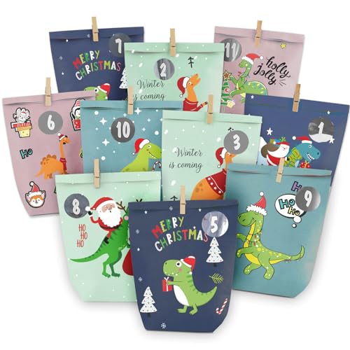 Farbenfroher Dinosaurier adventskalender zum Befüllen, 24 Weihnachtskalender Geschenk Papiertüten Groß zum Selber Befüllen, Kraftpapiertüten Advents Tüten Selbstbefüllen für Kinder & Erwachsene von ANYUNKEY