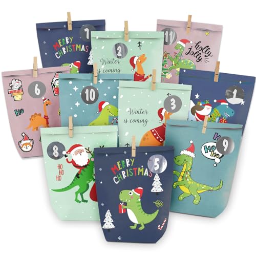 adventskalender zum Befüllen, 24 Weihnachtskalender Geschenk Papiertüten Groß zum Selber Befüllen,Motiv Farbenfroher Dinosaurier,Kraftpapiertüten Advents Tüten Selbstbefüllen für Kinder & Erwachsene von ANYUNKEY